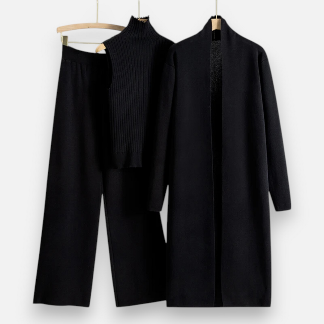 Valantomode | Women’s Soft Knitted 3-Piece Set - Cozy Cardigan, Crop Top & Pants Lounge Set