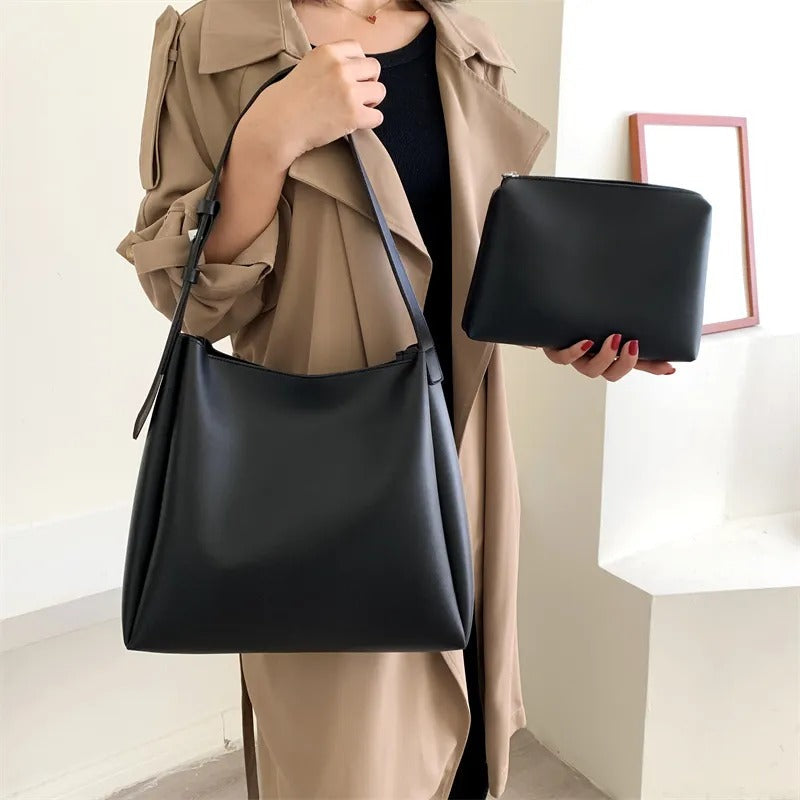Valantomode | Luna Minimalist Hobo – Premium Vegan Leather Wide-Strap Shoulder Bag with Pouch