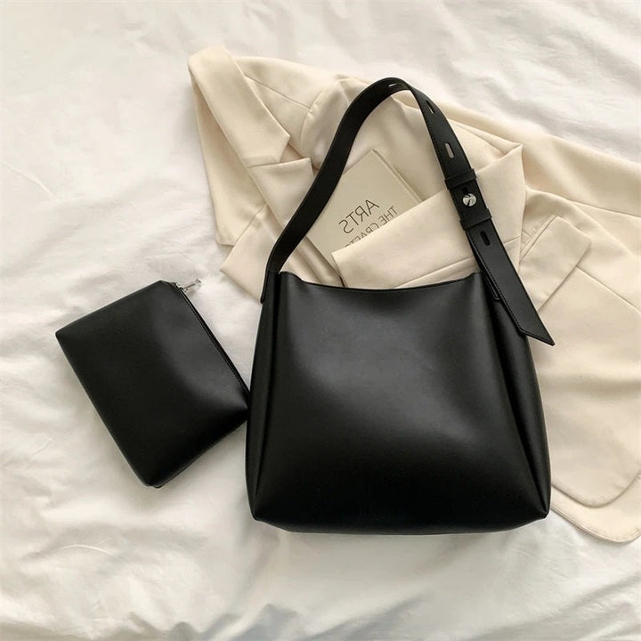 Valantomode | Luna Minimalist Hobo – Premium Vegan Leather Wide-Strap Shoulder Bag with Pouch