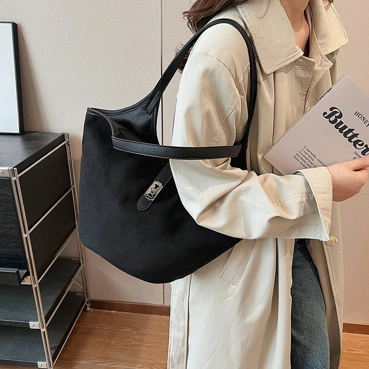 Valantomode | Velvet Nexus Cube – Compact Faux Suede Business Tote with Turn-Lock & Soft-Touch Handles