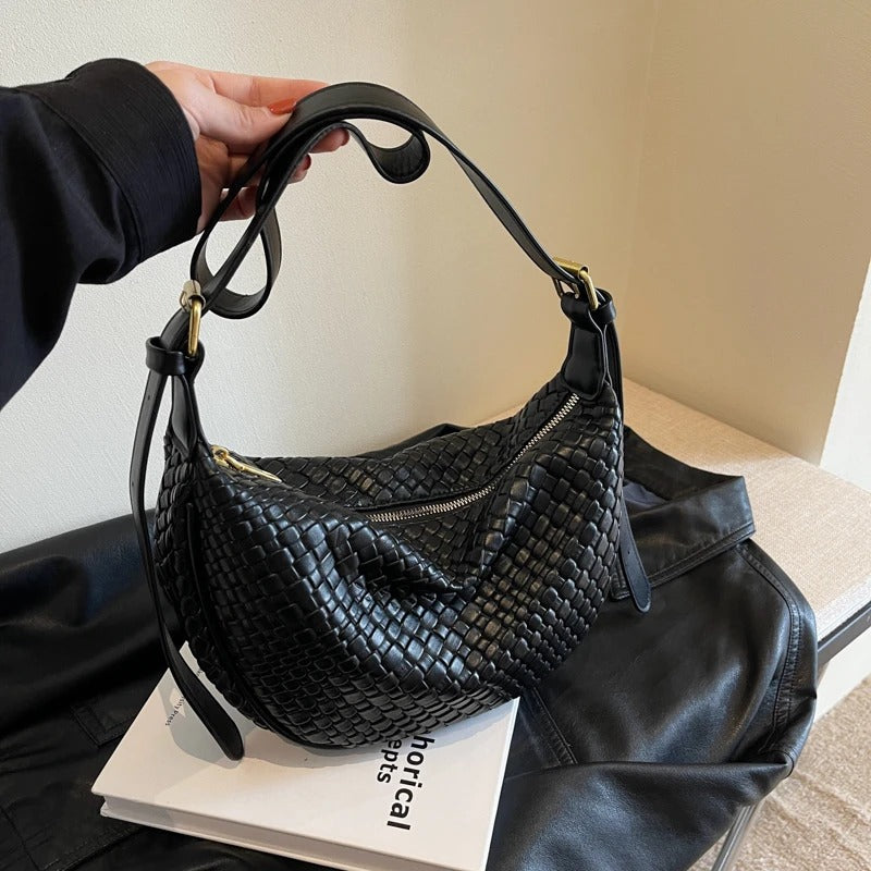 Valantomode | The Tesla Interlace Garrison – Women's Premium Braided Vegan Leather Half-Moon Handbag