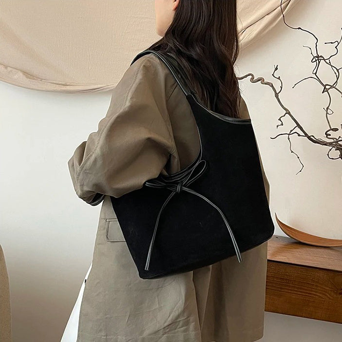 Valantomode | Velvet Ribbon Garrison – Premium Vegan Suede Tote with Soft-Touch Handle Straps
