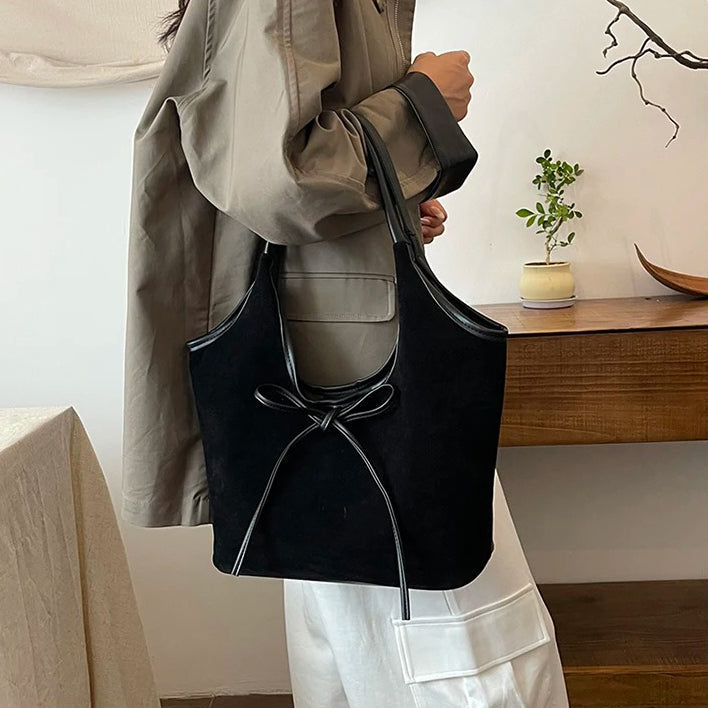 Valantomode | Velvet Ribbon Garrison – Premium Vegan Suede Tote with Soft-Touch Handle Straps