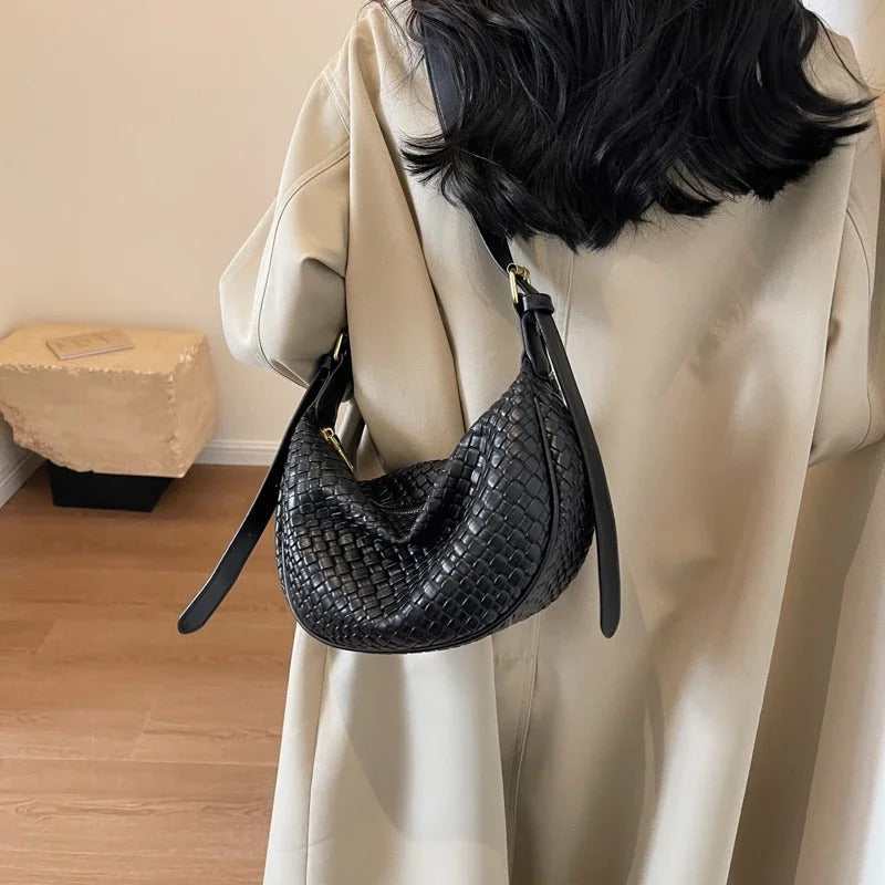 Valantomode | The Tesla Interlace Garrison – Women's Premium Braided Vegan Leather Half-Moon Handbag
