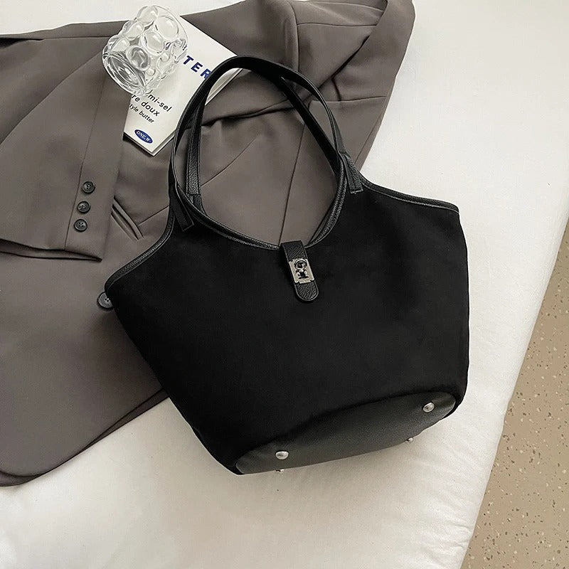 Valantomode | Velvet Nexus Cube – Compact Faux Suede Business Tote with Turn-Lock & Soft-Touch Handles