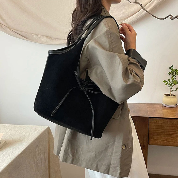 Valantomode | Velvet Ribbon Garrison – Premium Vegan Suede Tote with Soft-Touch Handle Straps