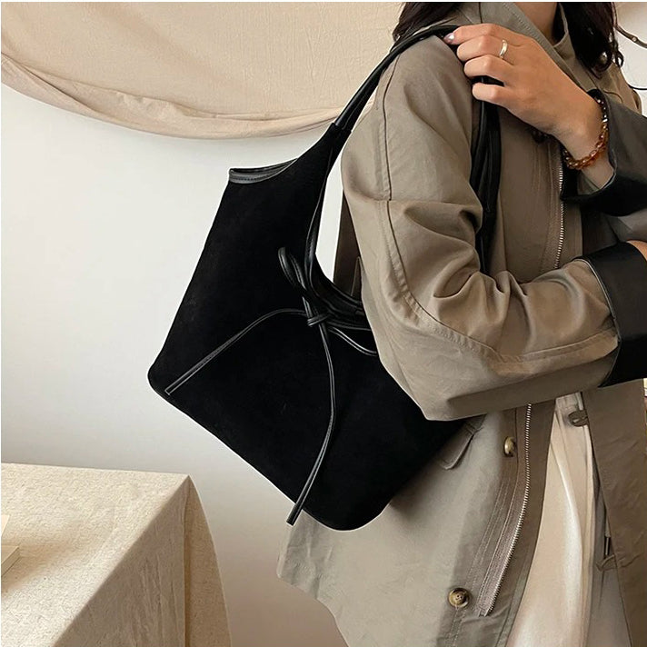 Valantomode | Velvet Ribbon Garrison – Premium Vegan Suede Tote with Soft-Touch Handle Straps
