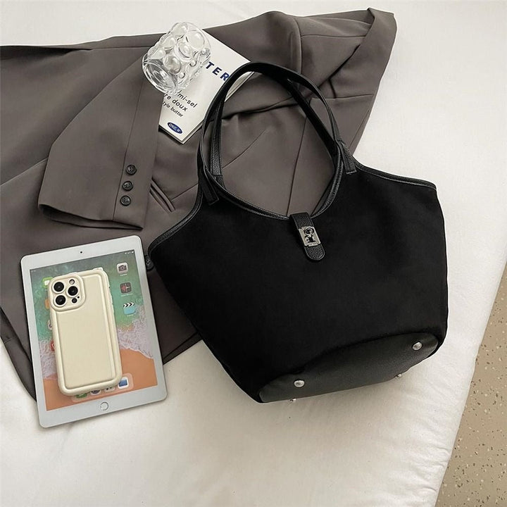 Valantomode | Velvet Nexus Cube – Compact Faux Suede Business Tote with Turn-Lock & Soft-Touch Handles