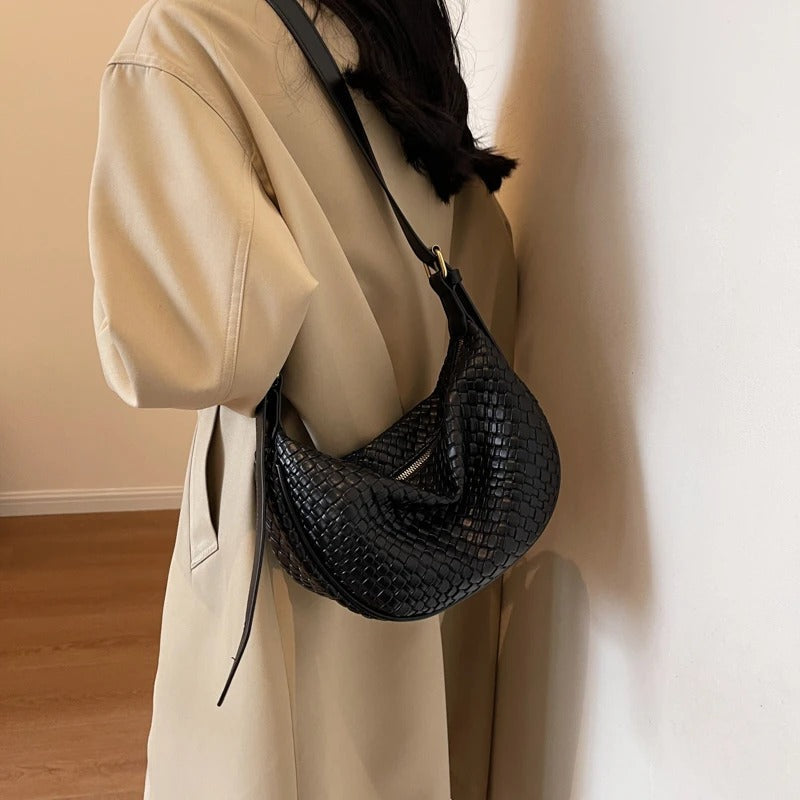 Valantomode | The Tesla Interlace Garrison – Women's Premium Braided Vegan Leather Half-Moon Handbag
