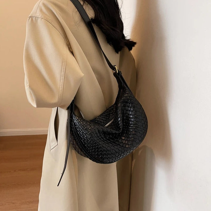 Valantomode | The Tesla Interlace Garrison – Women's Premium Braided Vegan Leather Half-Moon Handbag