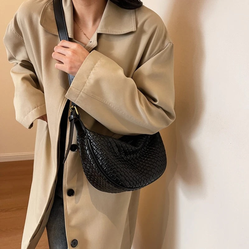 Valantomode | The Tesla Interlace Garrison – Women's Premium Braided Vegan Leather Half-Moon Handbag