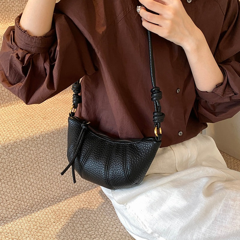 Valantomode | Aura Crescent Crossbody – Premium Vegan Leather Curved Shoulder Bag with Gold-Tone Accents