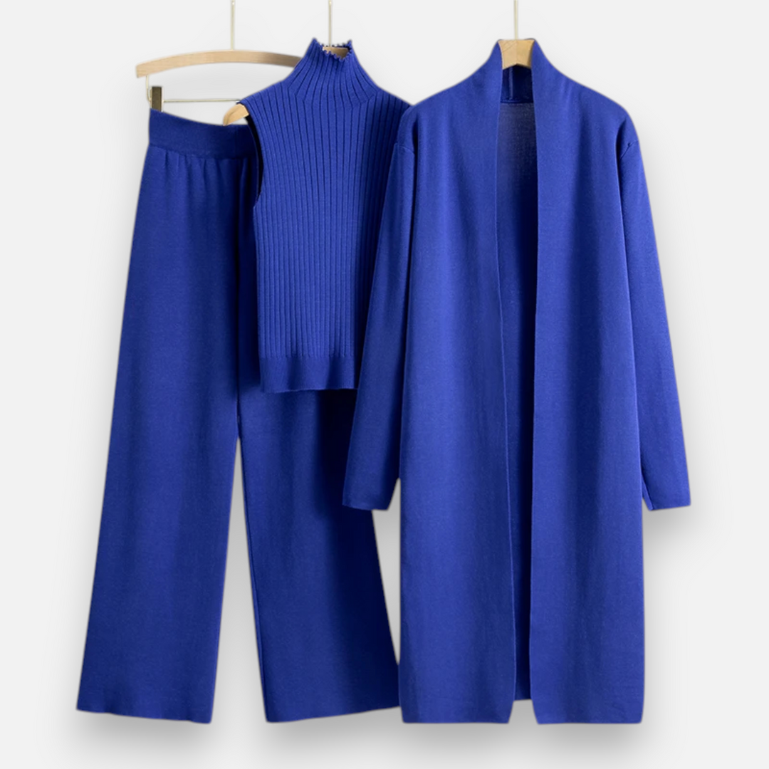Valantomode | Women’s Soft Knitted 3-Piece Set - Cozy Cardigan, Crop Top & Pants Lounge Set