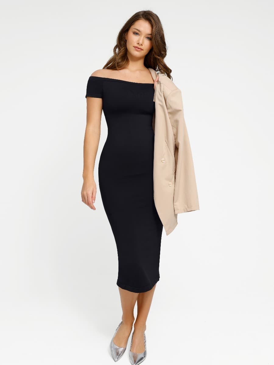Valantomode | Smooth Off-Shoulder Bodycon Midi Dress