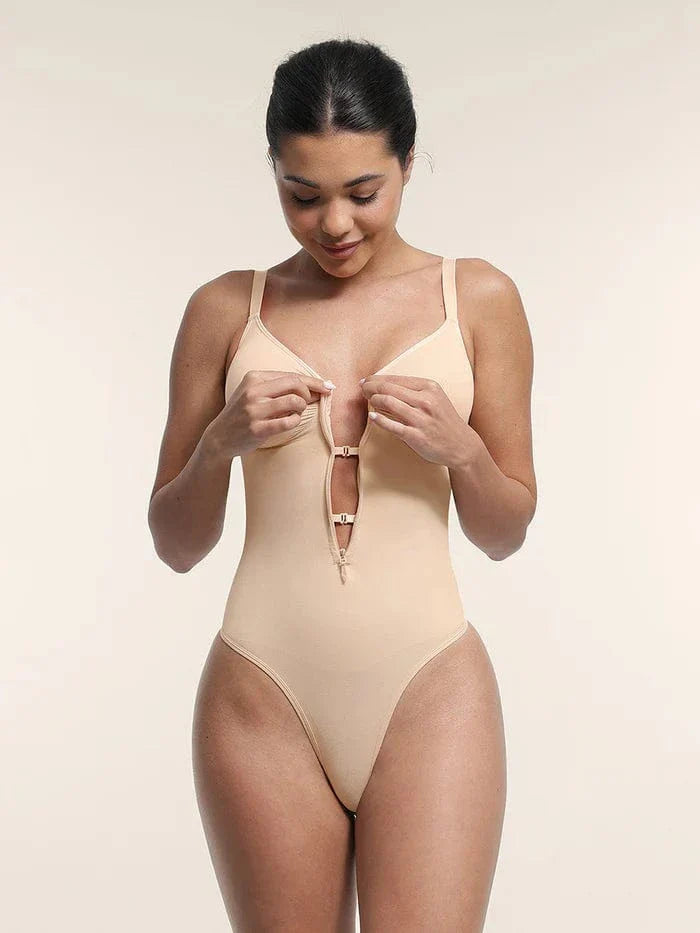 Valantomode | Plunge Front Zip Tummy Control Shapewear Bodysuit