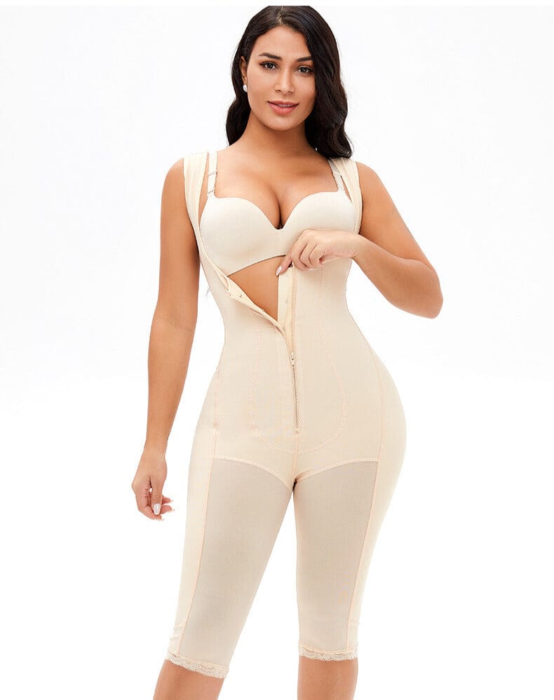 Valantomode | Front Zipper Tummy Control Mid Trouser Shapewear Bodysuit with Open Bust