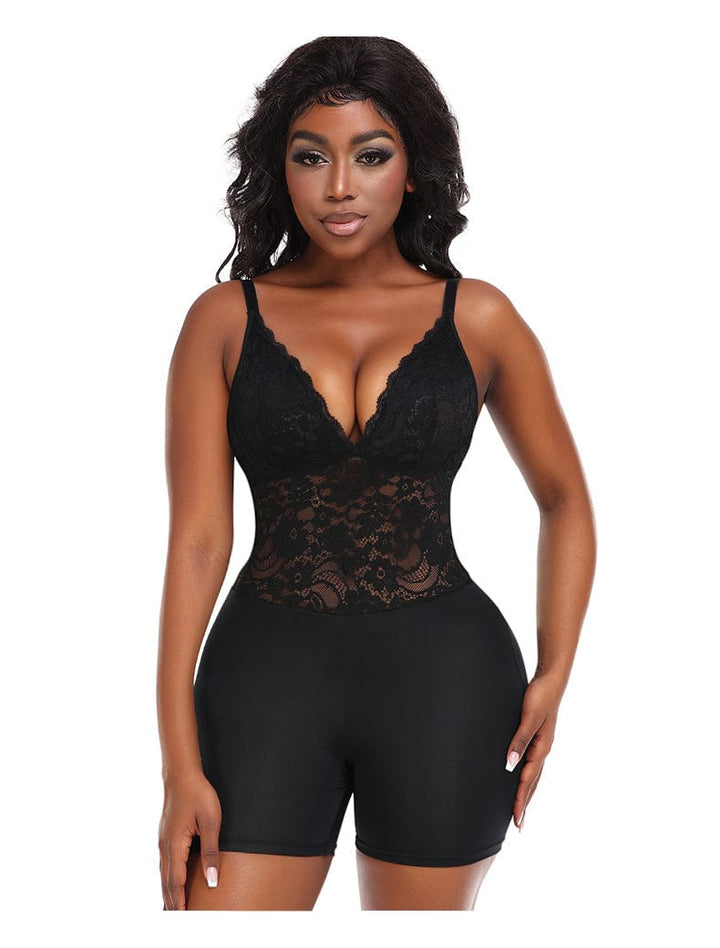 Valantomode | Lace V-Neck Low-Back Bodysuit with Removable Hip Pads for Shaping