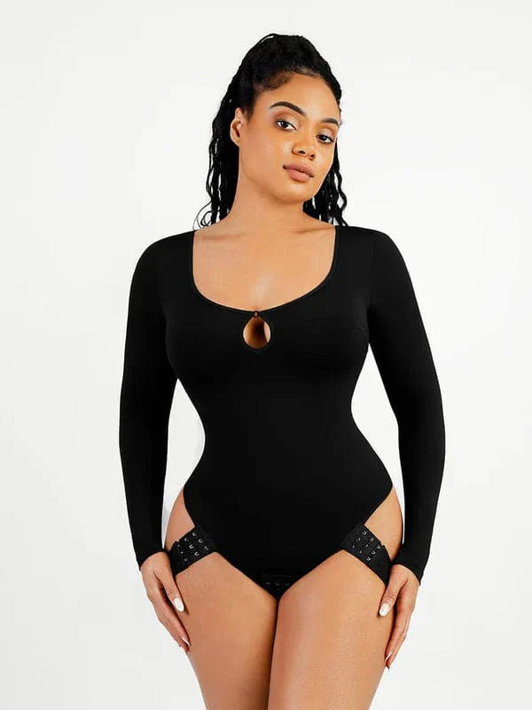 Valantomode | Long Sleeve Scoop Neck Thong Bodysuit with Integrated Shapewear