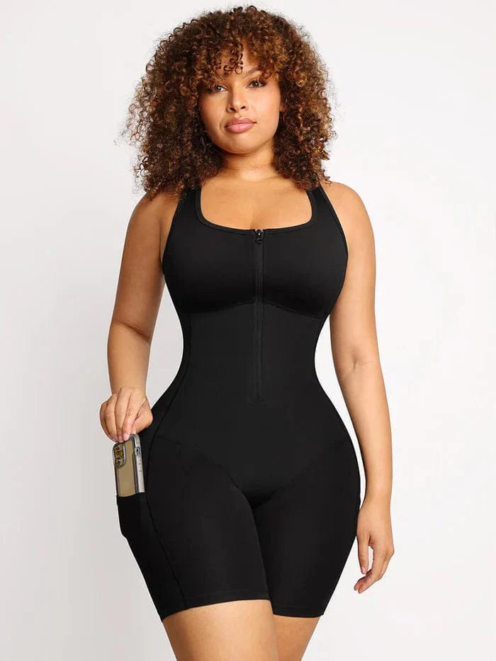 Valantomode | Front Zipper Bodysuit with Shaping Design and Side Pockets