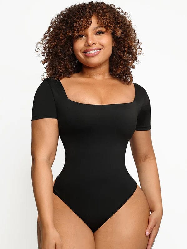 Valantomode | Short Sleeve Square Neck Shapewear Bodysuit with Tummy Control
