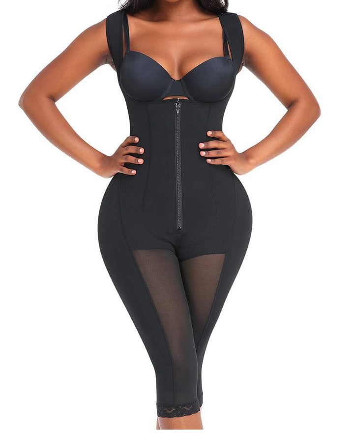 Valantomode | Front Zipper Tummy Control Mid Trouser Shapewear Bodysuit with Open Bust