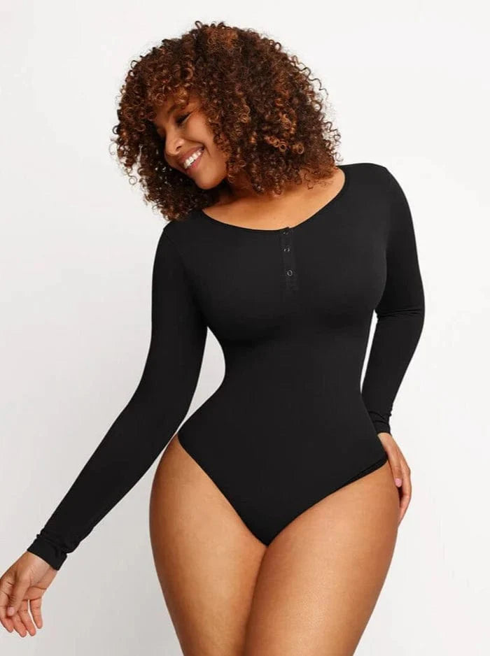 Valantomode | Ultra Compression Scoop Neck Long Sleeve Thong Shapewear Bodysuit