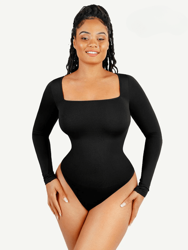 Valantomode | Long Sleeve Shapewear Bodysuit with Square Neck and Tummy Control