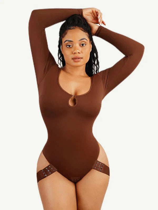 Valantomode | Long Sleeve Scoop Neck Thong Bodysuit with Integrated Shapewear