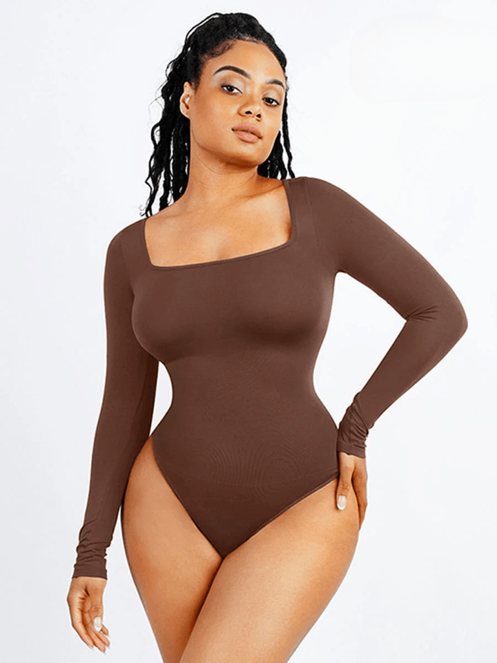 Valantomode | Long Sleeve Shapewear Bodysuit with Square Neck and Tummy Control