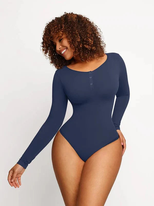 Valantomode | Ultra Compression Scoop Neck Long Sleeve Thong Shapewear Bodysuit