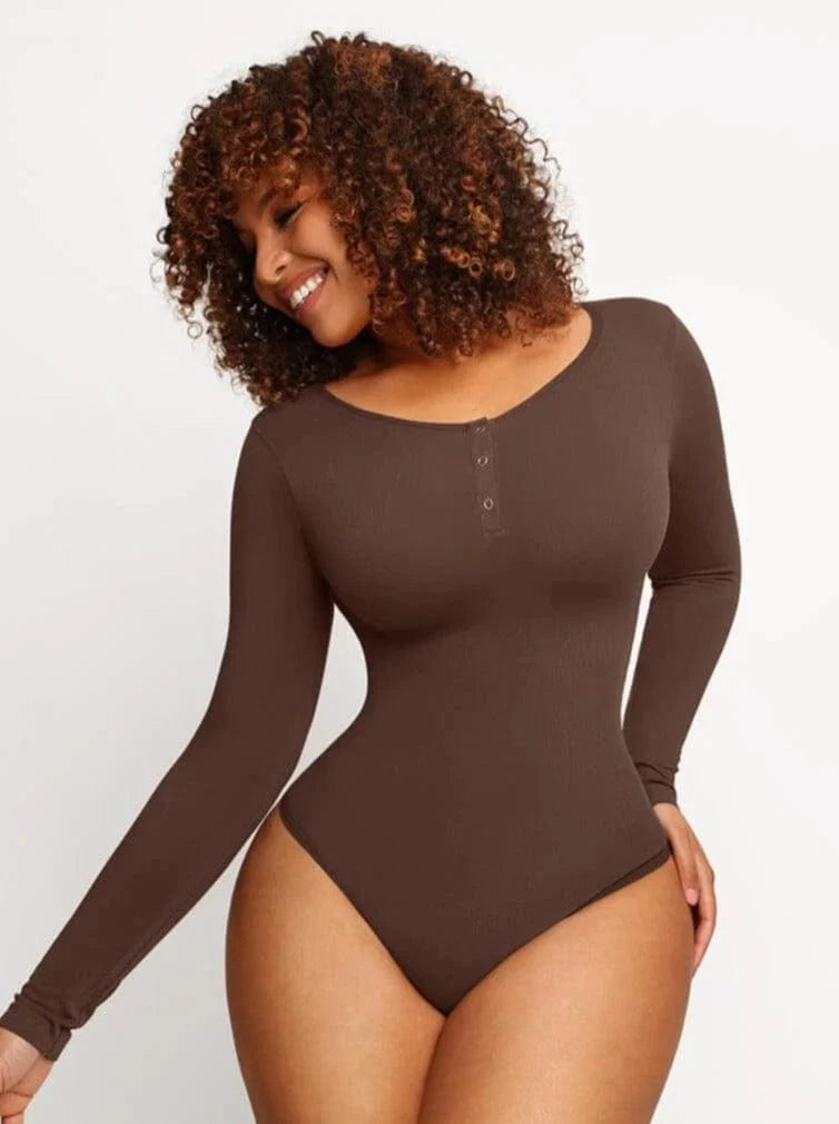 Valantomode | Ultra Compression Scoop Neck Long Sleeve Thong Shapewear Bodysuit