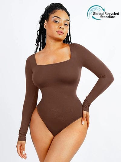 Valantomode | Long Sleeve Shapewear Bodysuit with Square Neck and Tummy Control