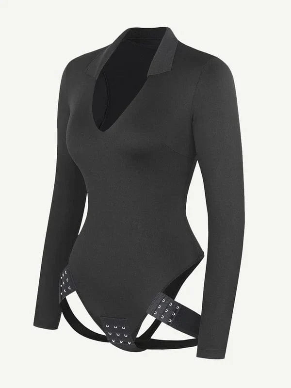 Valantomode | Long Sleeve Deep V Neck Shapewear Thong Bodysuit