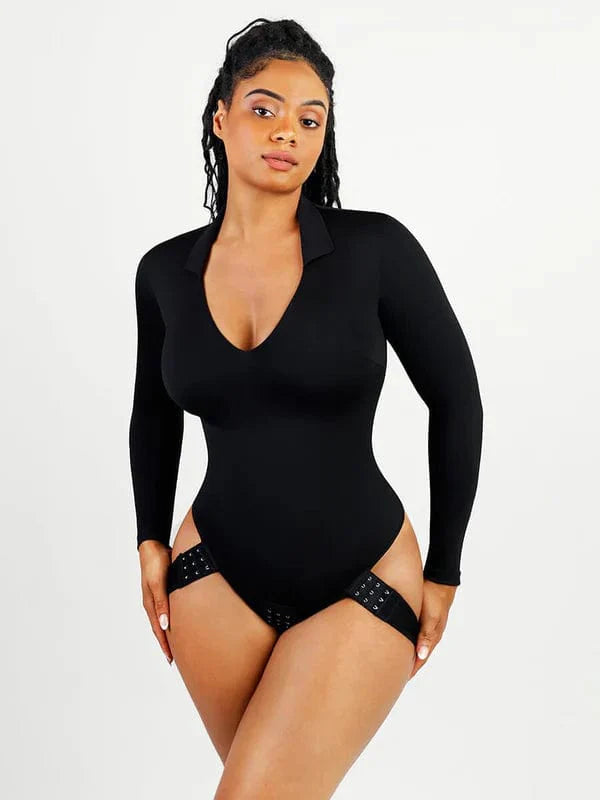 Valantomode | Long Sleeve Deep V Neck Shapewear Thong Bodysuit