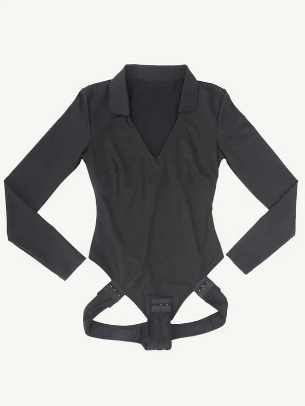 Valantomode | Long Sleeve Deep V Neck Shapewear Thong Bodysuit