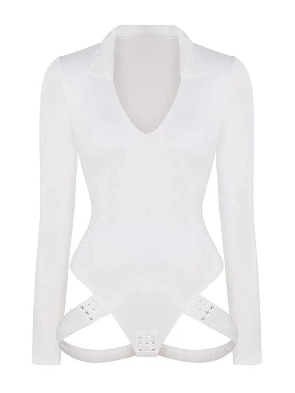 Valantomode | Long Sleeve Deep V Neck Shapewear Thong Bodysuit