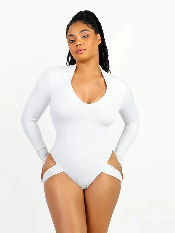 Valantomode | Long Sleeve Deep V Neck Shapewear Thong Bodysuit