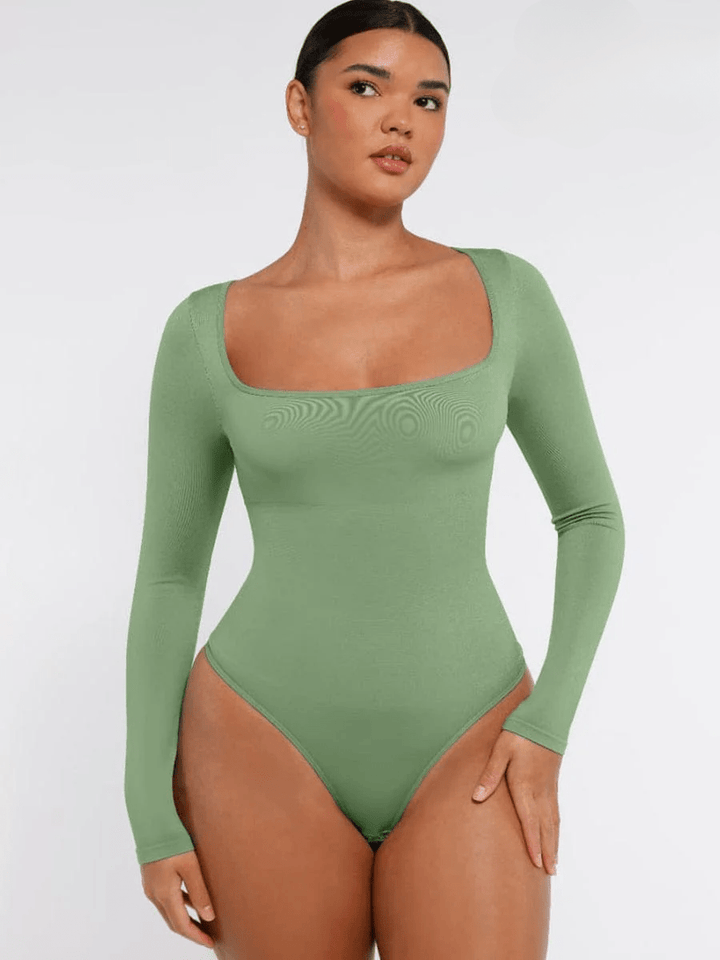 Valantomode | Long Sleeve Shapewear Bodysuit with Square Neck and Tummy Control