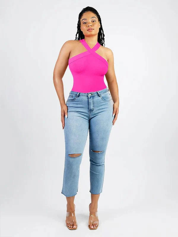 Valantomode | Seamless Halter Neck Criss-Cross Shapewear Bodysuit