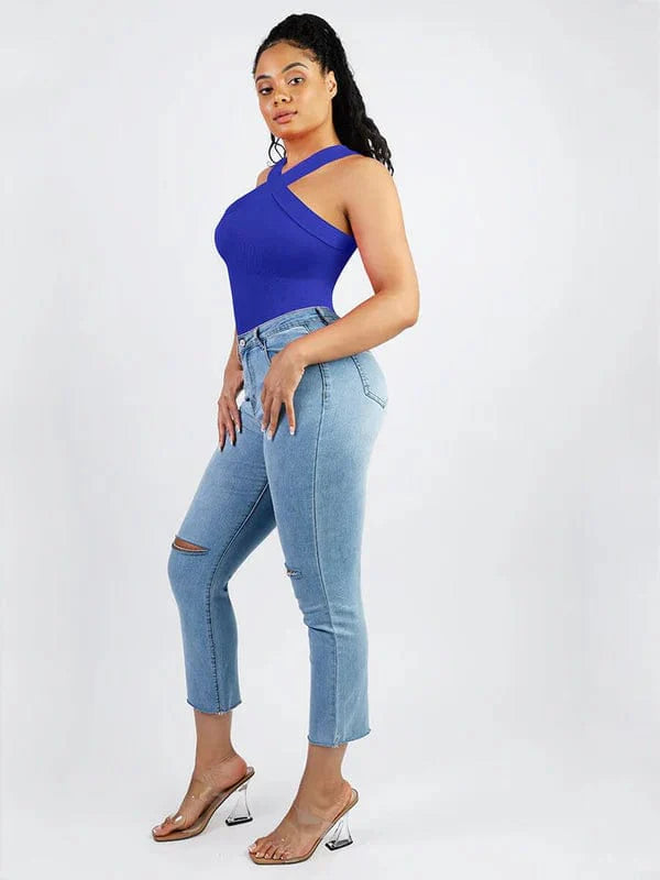 Valantomode | Seamless Halter Neck Criss-Cross Shapewear Bodysuit