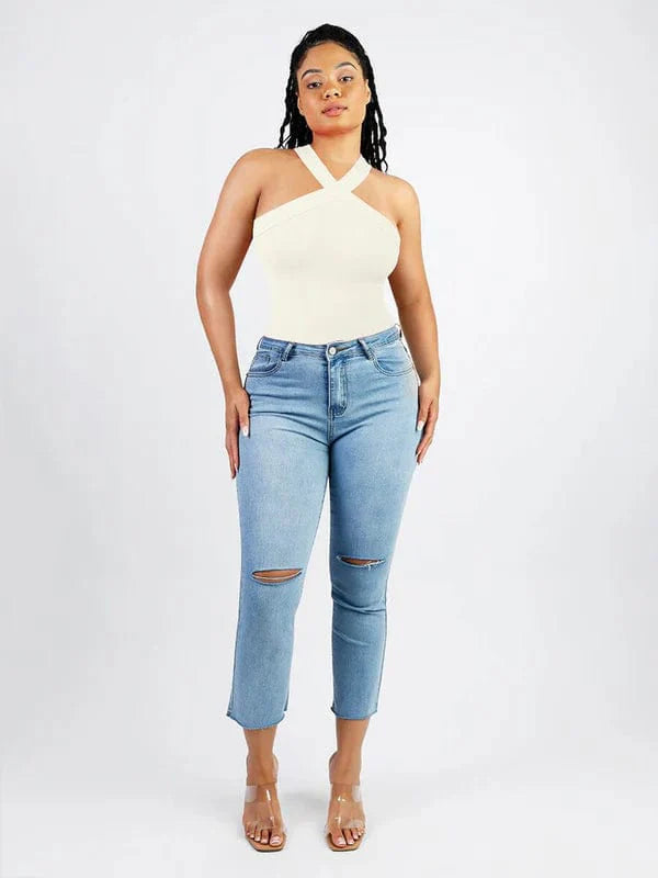 Valantomode | Seamless Halter Neck Criss-Cross Shapewear Bodysuit