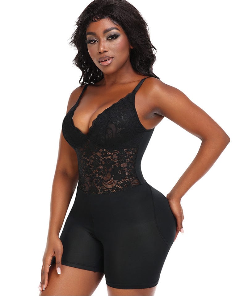 Valantomode | Lace V-Neck Low-Back Bodysuit with Removable Hip Pads for Shaping