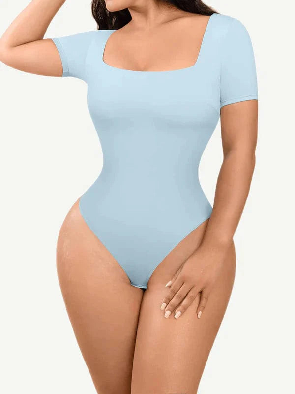 Valantomode | Short Sleeve Square Neck Shapewear Bodysuit with Tummy Control
