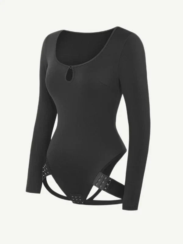 Valantomode | Long Sleeve Scoop Neck Thong Bodysuit with Integrated Shapewear