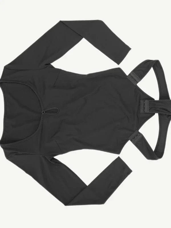 Valantomode | Long Sleeve Scoop Neck Thong Bodysuit with Integrated Shapewear