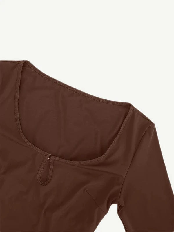 Valantomode | Long Sleeve Scoop Neck Thong Bodysuit with Integrated Shapewear