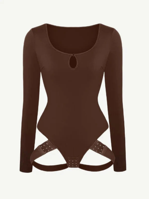 Valantomode | Long Sleeve Scoop Neck Thong Bodysuit with Integrated Shapewear