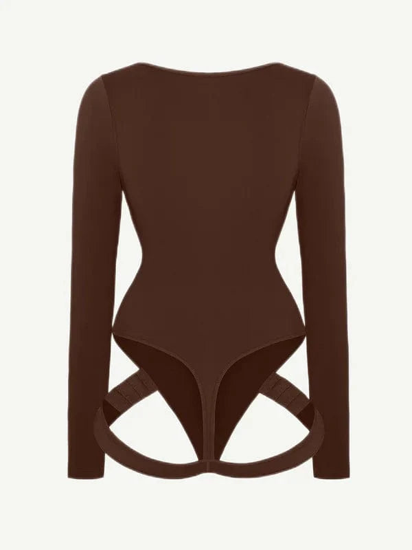 Valantomode | Long Sleeve Scoop Neck Thong Bodysuit with Integrated Shapewear