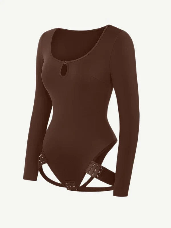 Valantomode | Long Sleeve Scoop Neck Thong Bodysuit with Integrated Shapewear