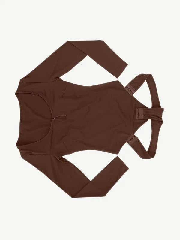 Valantomode | Long Sleeve Scoop Neck Thong Bodysuit with Integrated Shapewear